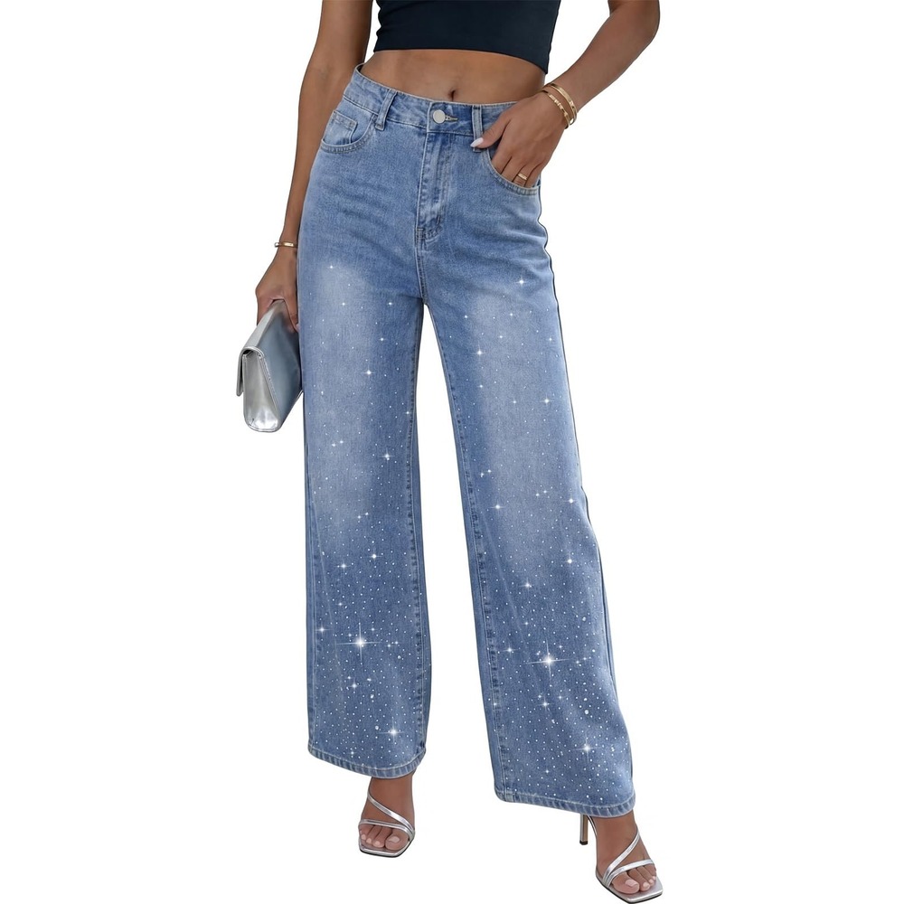 NWT Rhinestone Wide Leg High Rise Jeans Sparkly Y2K Festival Denim XS